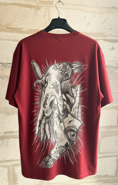 Oversized Maroon T-Shirt with Mystical Hands & Dagger Back Print - Tattoo Style Streetwear Tee