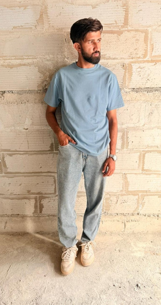 Oversized Light Blue Graphic T-Shirt | Artistic Statue Collage Back Print - Urban Streetwear Tee