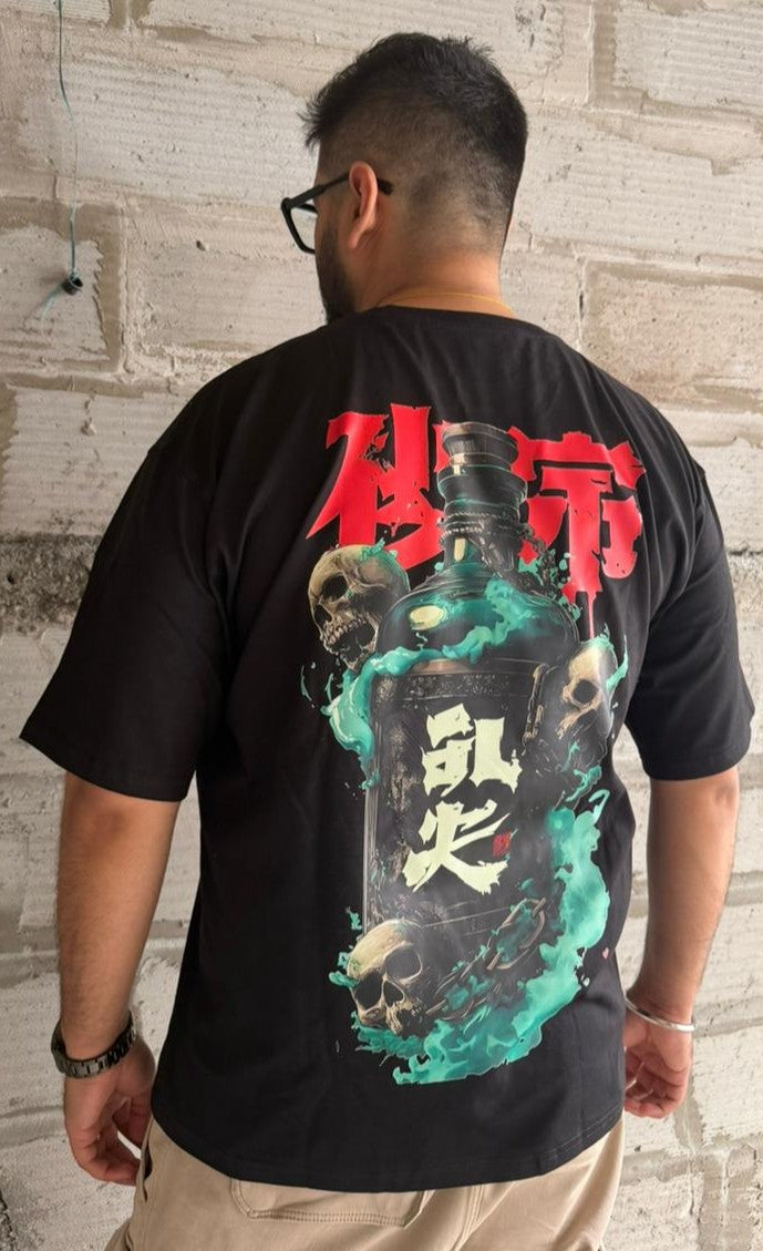 Oversized Black T-Shirt with Gothic Skulls & Bottle Graphic Print - Dark Streetwear Tee