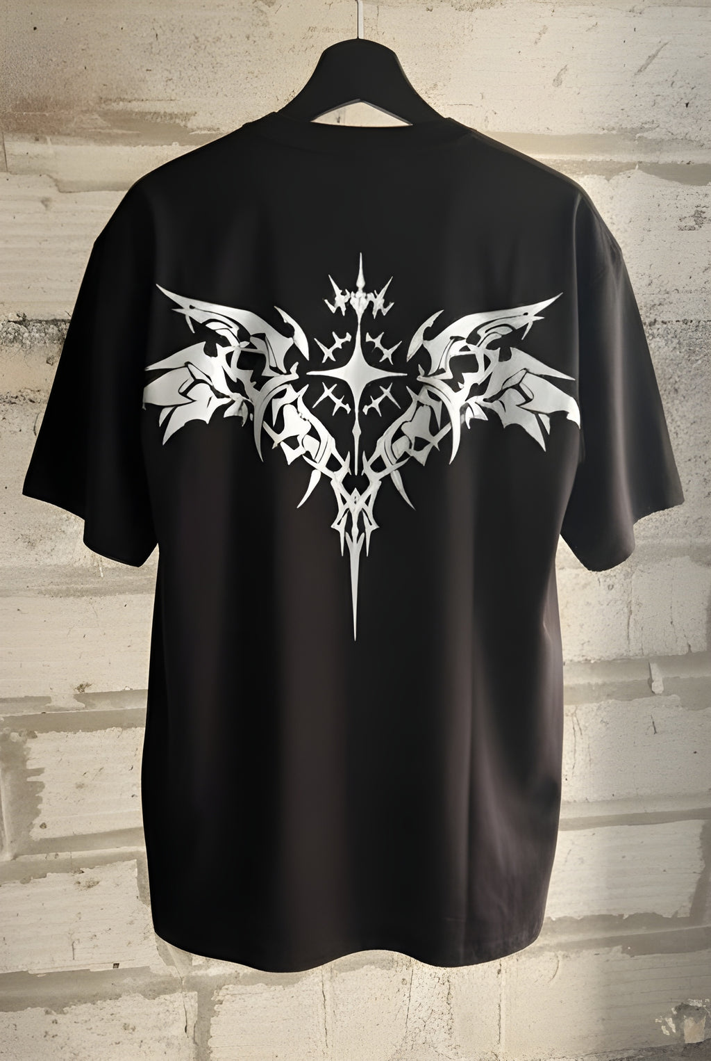 Oversized Black "Spirit Steppin'" T-Shirt with Gothic Winged Cross Back Print - Alternative Streetwear Tee