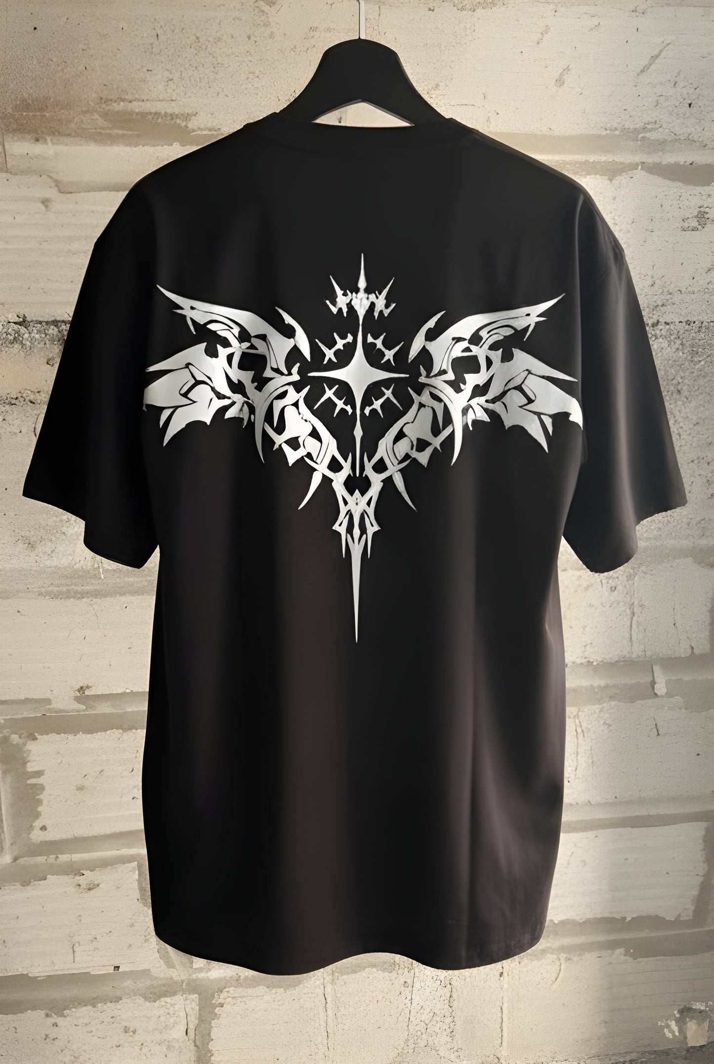 Oversized Black "Spirit Steppin'" T-Shirt with Gothic Winged Cross Back Print - Alternative Streetwear Tee