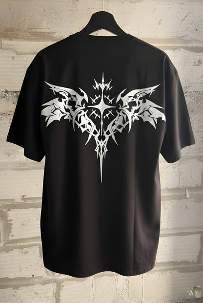 Oversized Black "Spirit Steppin'" T-Shirt with Gothic Winged Cross Back Print - Alternative Streetwear Tee