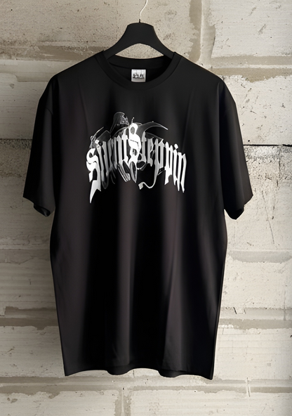 Oversized Black "Spirit Steppin'" T-Shirt with Gothic Winged Cross Back Print - Alternative Streetwear Tee