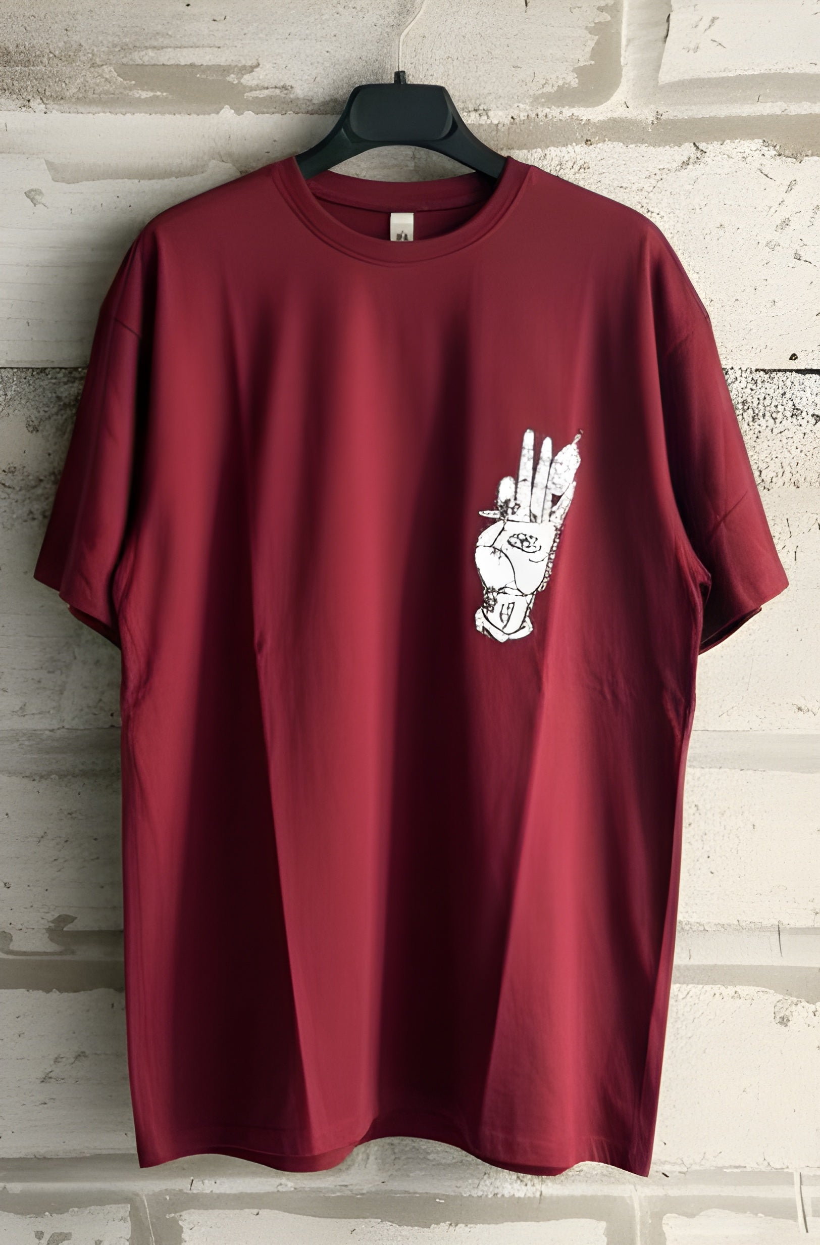Oversized Maroon T-Shirt with Mystical Hands & Dagger Back Print - Tattoo Style Streetwear Tee