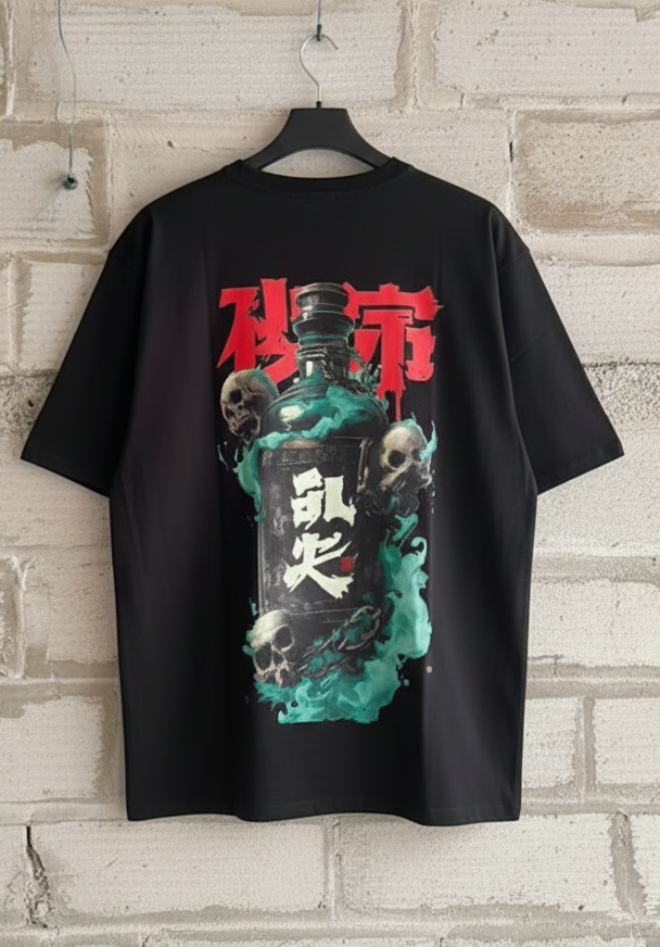 Oversized Black T-Shirt with Gothic Skulls & Bottle Graphic Print - Dark Streetwear Tee