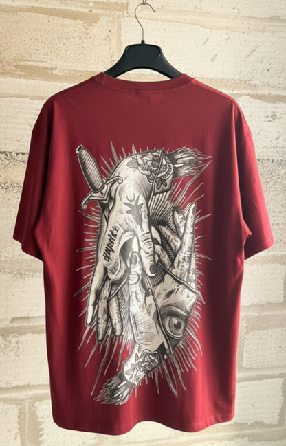 Oversized Maroon T-Shirt with Mystical Hands & Dagger Back Print - Tattoo Style Streetwear Tee