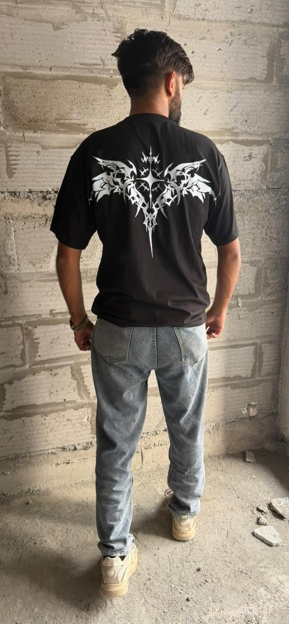 Oversized Black "Spirit Steppin'" T-Shirt with Gothic Winged Cross Back Print - Alternative Streetwear Tee