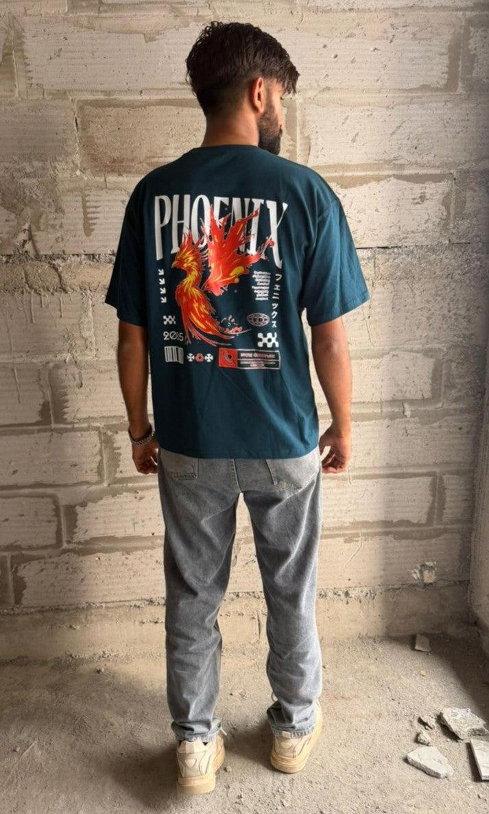 Oversized Dark Teal Phoenix T-Shirt | Cyberpunk Techwear Back Graphic Print Tee