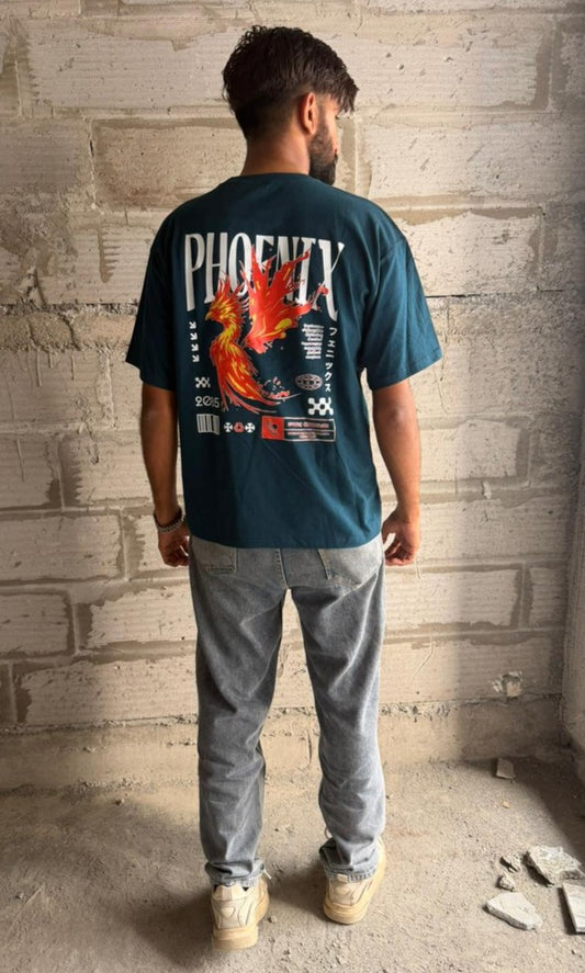 Oversized Dark Teal Phoenix T-Shirt | Cyberpunk Techwear Back Graphic Print Tee