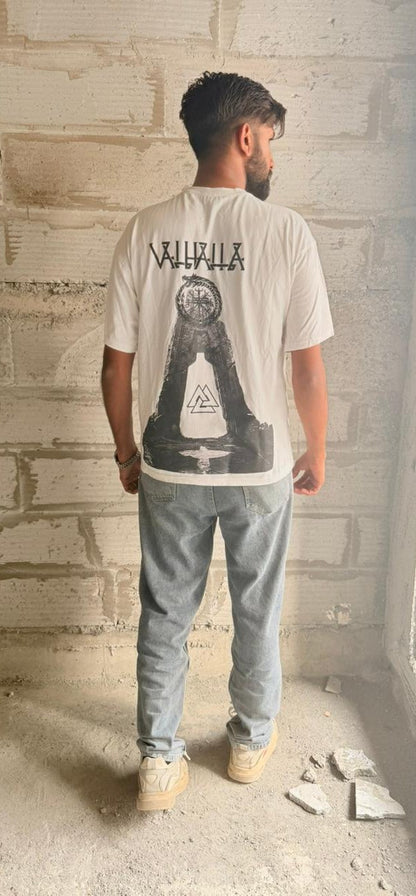 Oversized White Valhalla T-Shirt with Norse Symbols Back Print - Viking Streetwear Tee