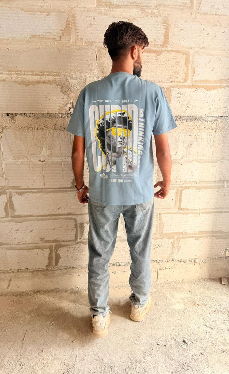 Oversized Light Blue Graphic T-Shirt | Artistic Statue Collage Back Print - Urban Streetwear Tee