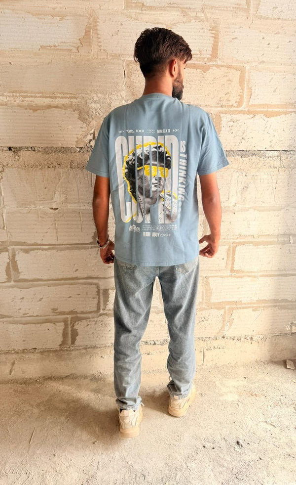 Oversized Light Blue Graphic T-Shirt | Artistic Statue Collage Back Print - Urban Streetwear Tee