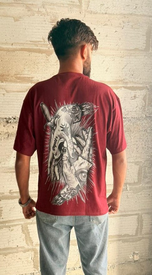 Oversized Maroon T-Shirt with Mystical Hands & Dagger Back Print - Tattoo Style Streetwear Tee