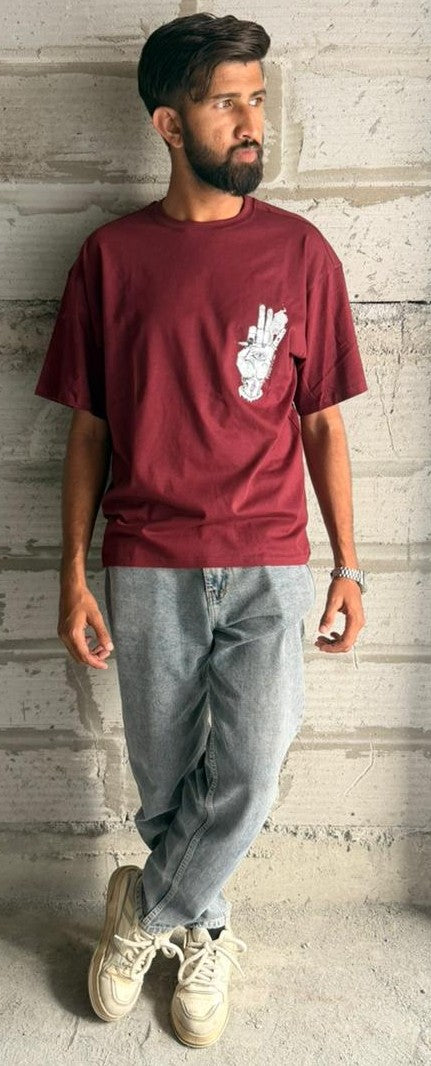 Oversized Maroon T-Shirt with Mystical Hands & Dagger Back Print - Tattoo Style Streetwear Tee